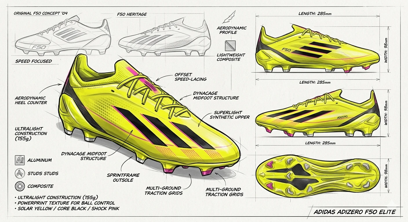 Neon-yellow football boot concept board with pink accents, side views and a sole study