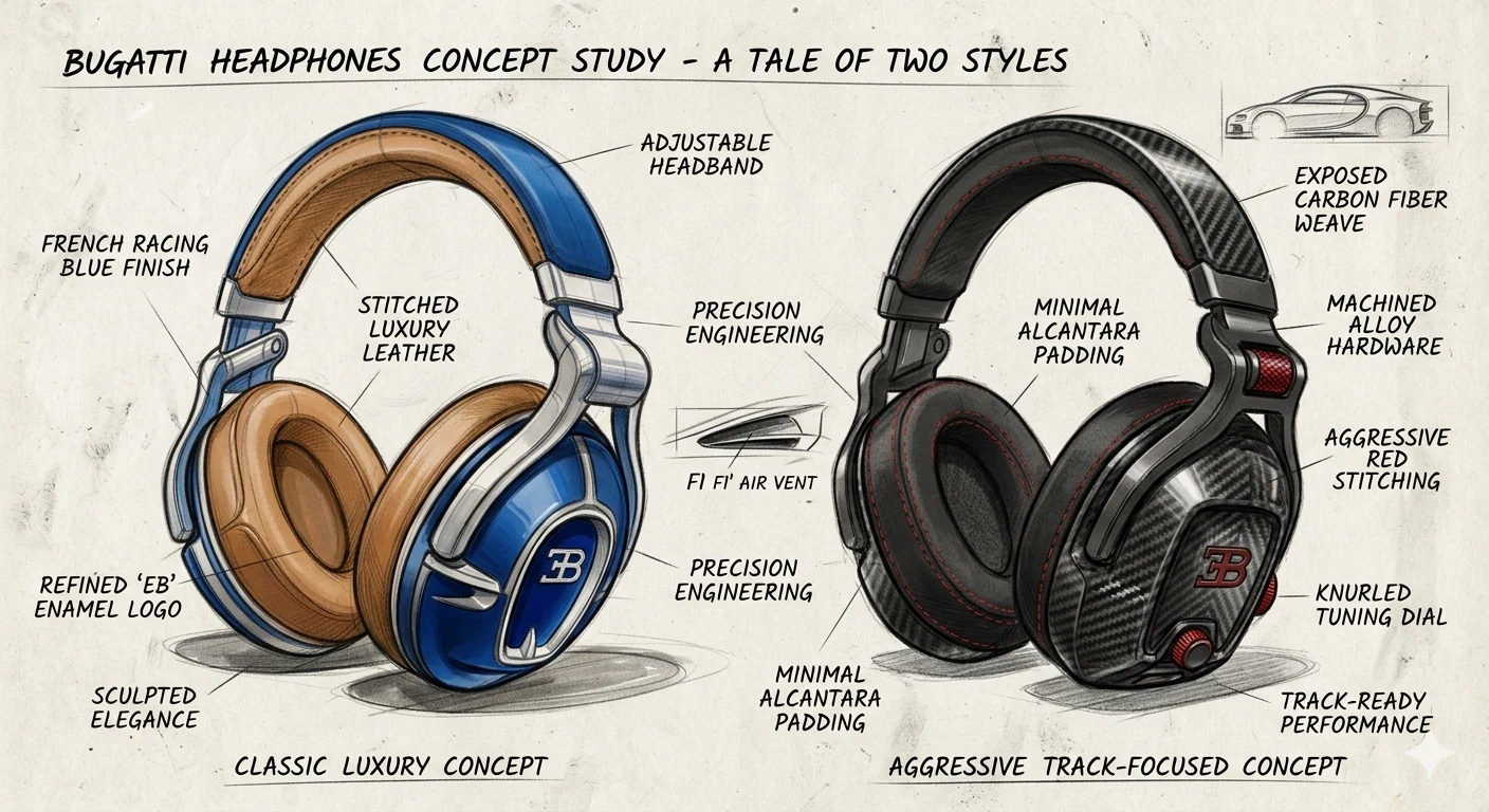 Headphone concept board comparing blue and tan luxury styling with black carbon-fiber and red accents