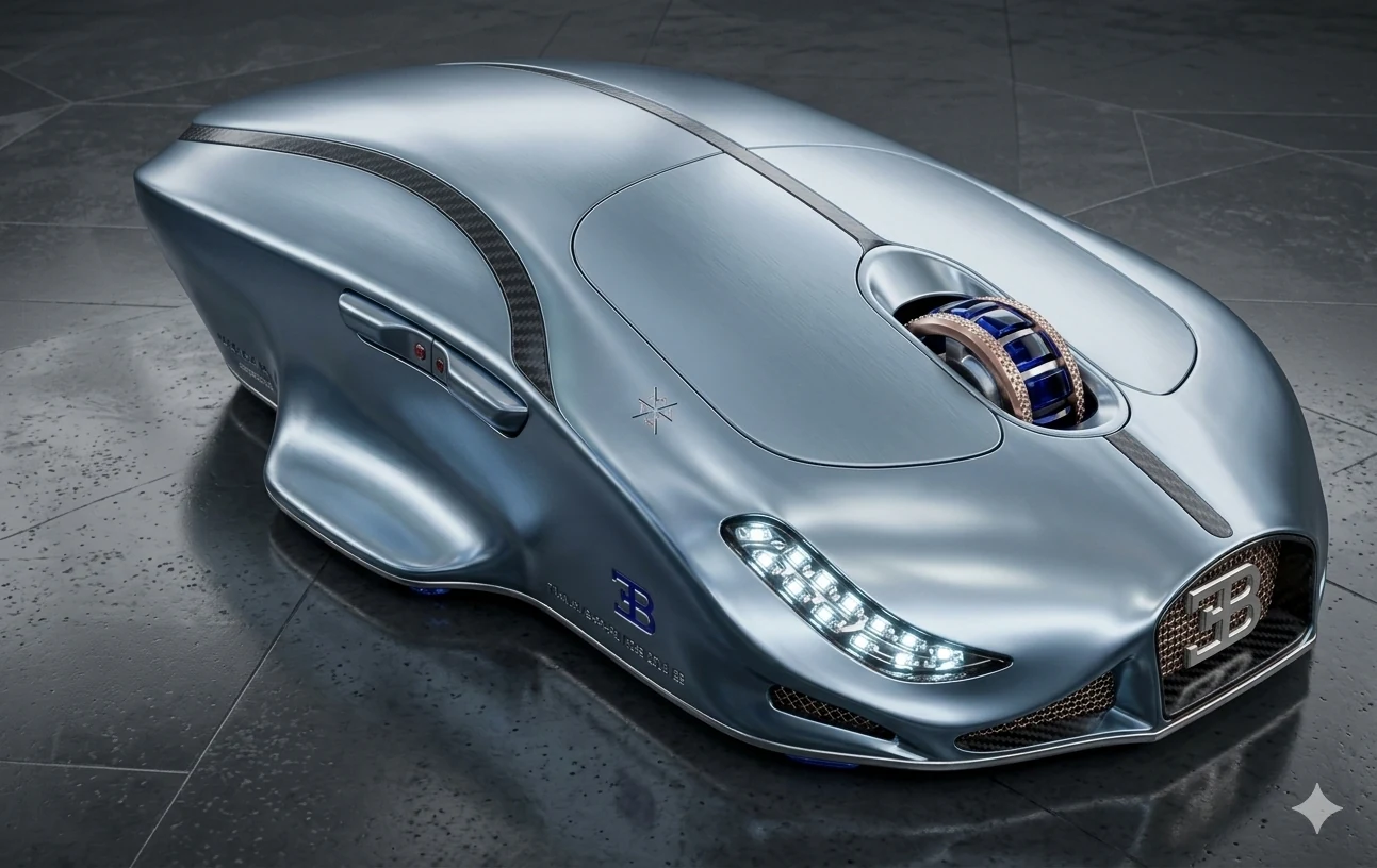Sculpted metallic blue-gray concept mouse with automotive-inspired lights and a blue scroll wheel