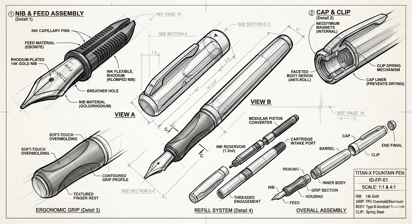 Fountain pen concept sheet showing the nib, grip, cap and exploded component views